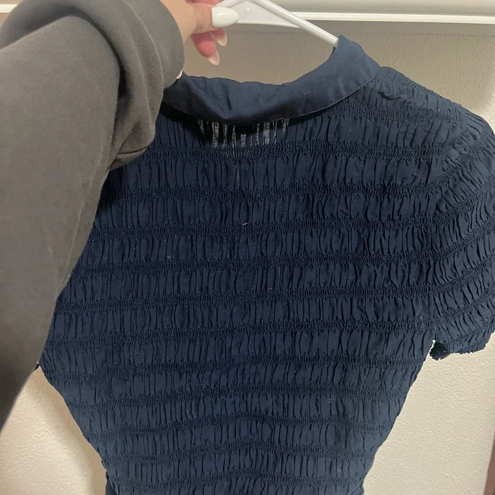 J. Crew Navy Textured Short-Sleeve Button-Down Shirt with Gold Buttons